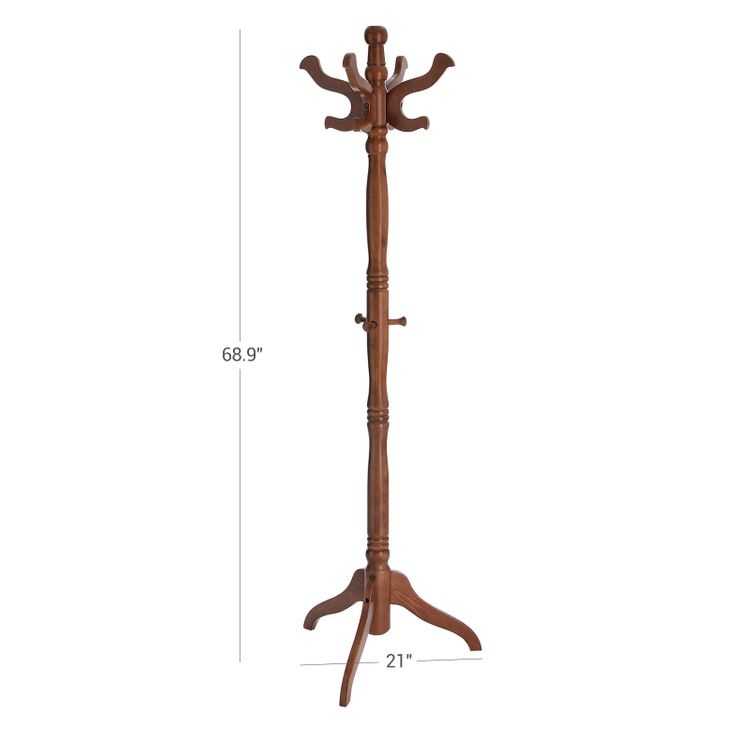 Coat Rack Free Standing with 11 Hooks, Wooden Hall Tree with Solid Rubberwood Base