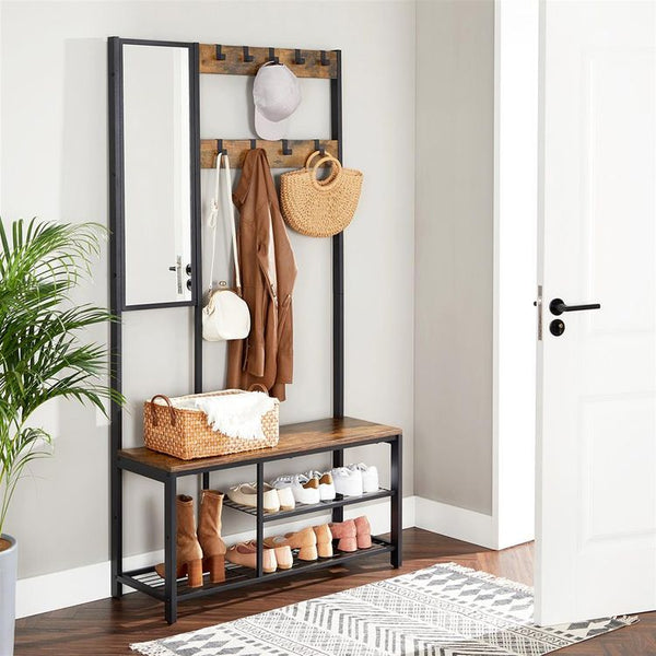 Coat Rack with Shoe Rack , Mirrors ，Hooks, Umbrella Rack ， Storage Bag, and  Small Cute Side Bench