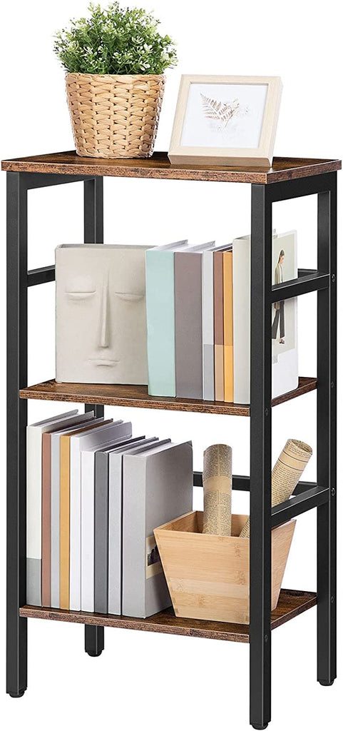 3 Tier Bookshelf, Record Storage with Side Fence, Wooden Free-Standing Shelf,  Narrow Ladder Shelf