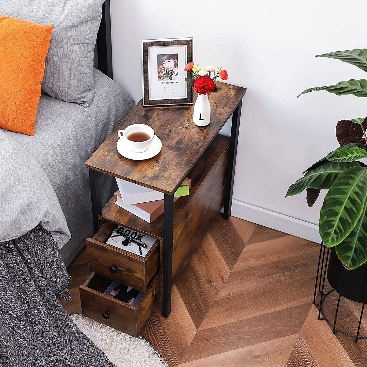 End Table, Narrow Chairside Table with Drawer and Open Storage Shelf