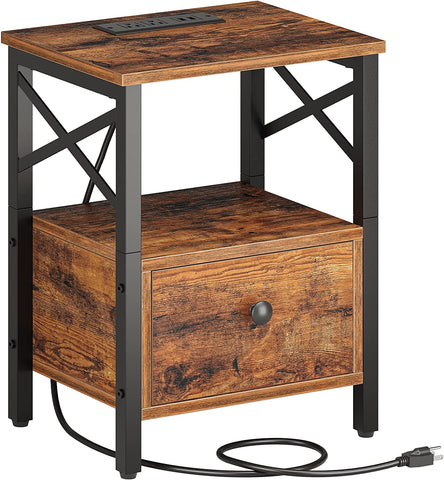 Nightstand with Charging Station, End Table with Drawer, USB Ports and Power Outlets