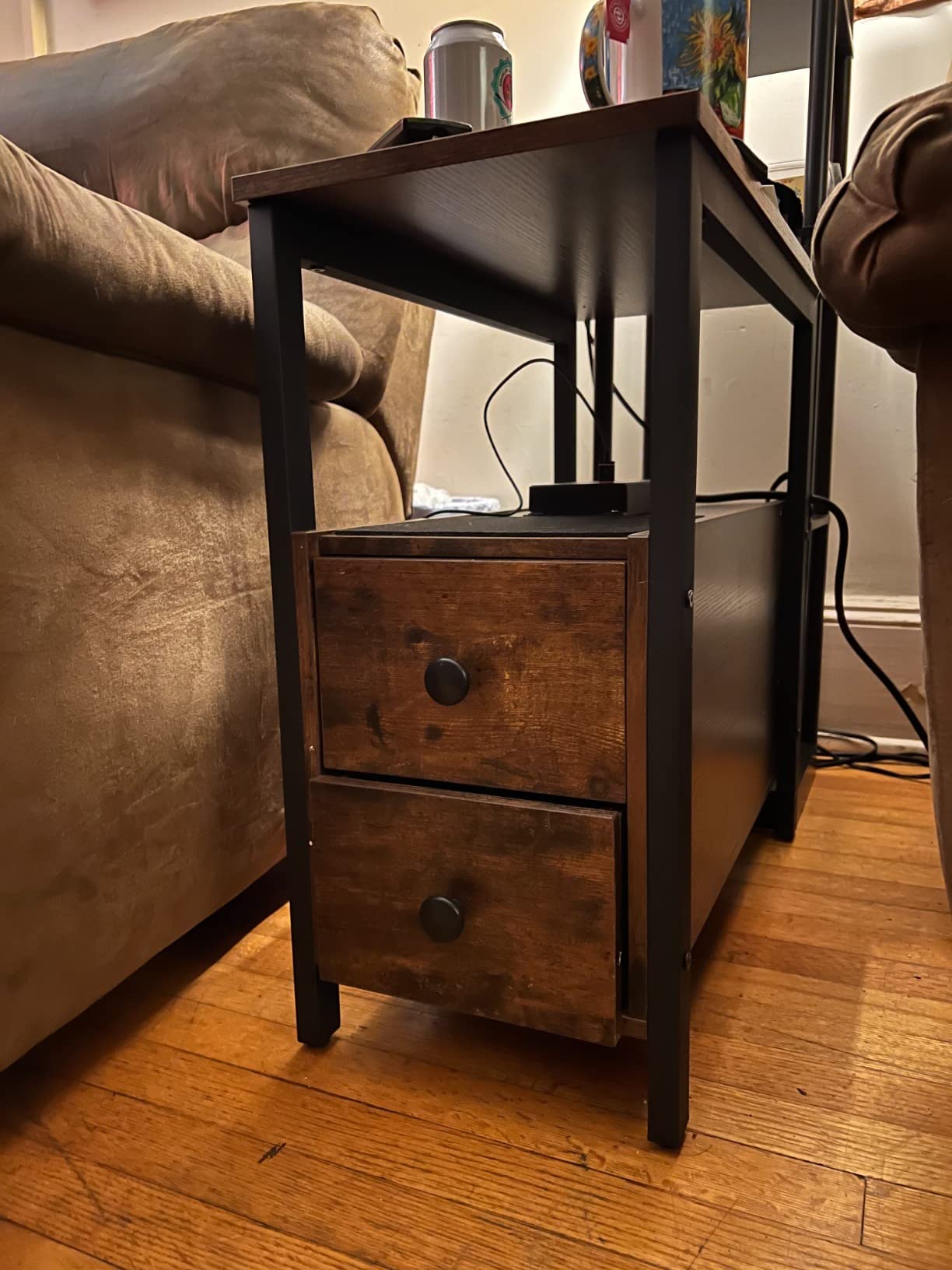 End Table, Narrow Chairside Table with Drawer and Open Storage Shelf