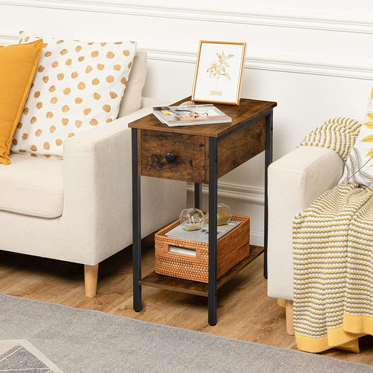 Side Table, 2-Tier Nightstand with Drawer, Narrow End Table