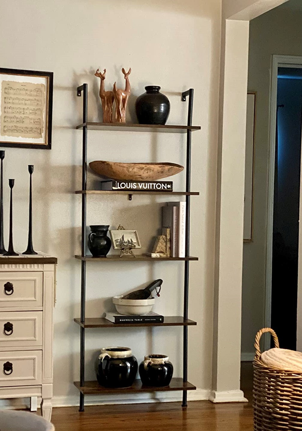 DIY Ladder Shelf, 5-Tier Wall Mounted Bookshelf, Office Vertical Bookcase, Wooden Storage Shelves