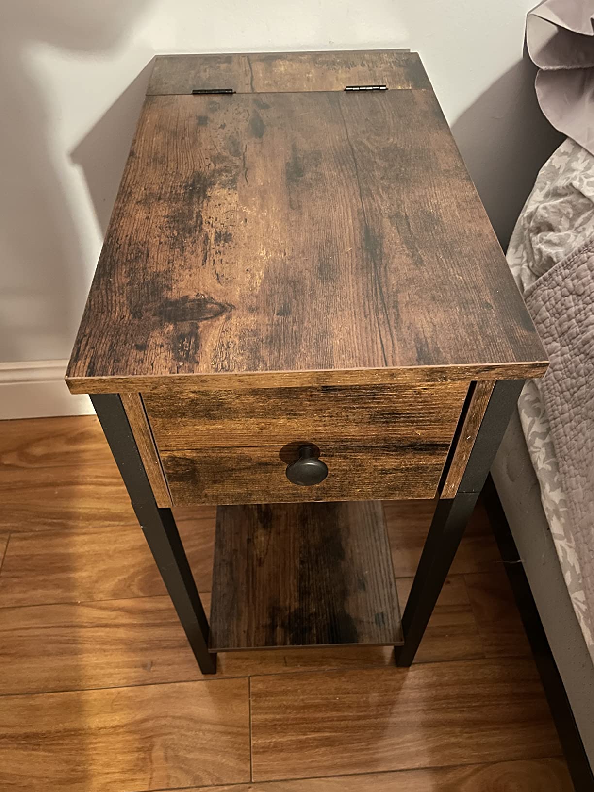 Side Table with Charging Station, Narrow Nightstand with Drawer, USB Ports & Power Outlets, End Table