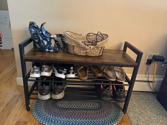 Shoe Bench, 3-Tier Shoe Rack, Industrial Shoe Storage Bench with Mesh Shelves and Handles