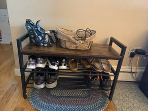 Shoe Bench, 3-Tier Shoe Rack, Industrial Shoe Storage Bench with Mesh Shelves and Handles