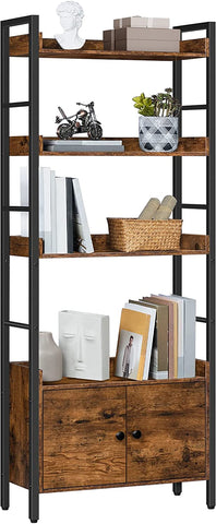 4-Tier Bookshelf with Doors, Industrial Wooden Bookcase with Storage, Storage Shelf with Protective Rails