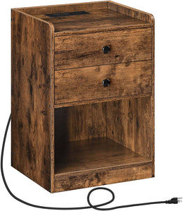 Nightstand with Charging Station, Side Table with 2 Drawers and Open Shelves, Storage Shelf with USB Ports and Outlets