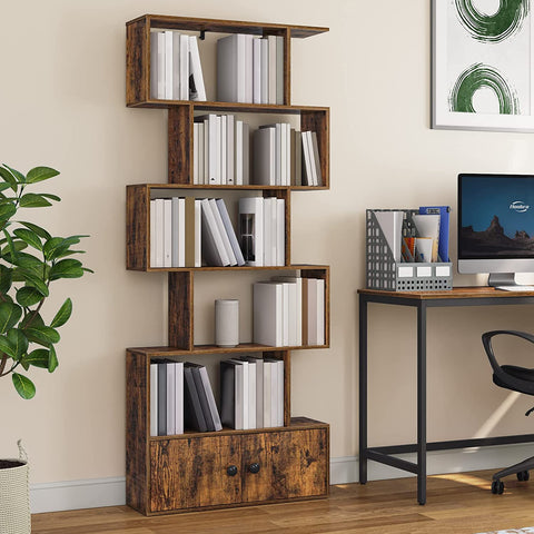 Bookshelf with Cabinet, 6-Tier Bookcase with Doors, S-Shaped Wooden Shelves, Freestanding Storage Rack Rustic Book Shelf