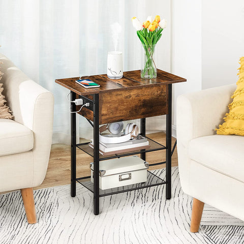 End Table with Charging Station and Shelves, Flip Side Table with USB Ports & Power Outlets