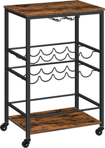 Bar Cart, Serving Cart with 2-Tier Wine Racks and Glass Holder, Wine Cart on Wheels
