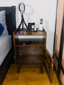 End Table, Side Table for Small Spaces, 3-Tier Nightstand with Door