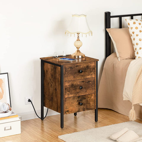 Nightstand, End Table with Charging Station and USB Ports, Side Table with 3 Drawers and Storage Shelf