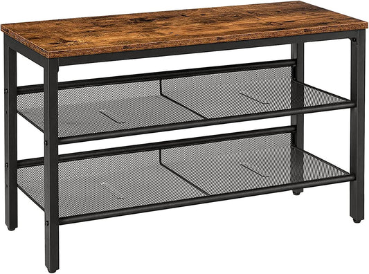 Shoe Bench, 3-Tier Shoe Rack, Industrial Shoe Organizer Storage Bench, Adjustable Mesh Shelves