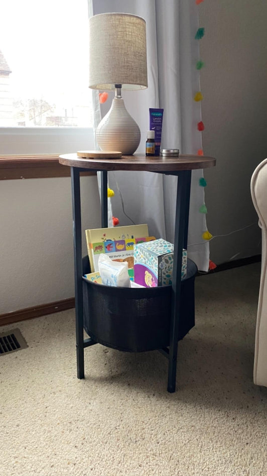 Round Side Table with Removable and Washable Storage Basket, Industrial End Table