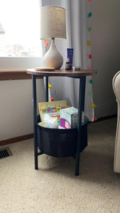 Round Side Table with Removable and Washable Storage Basket, Industrial End Table