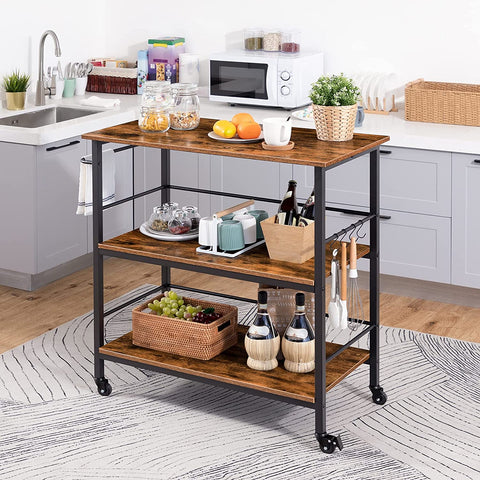 Kitchen Island with Storage,Industrial Kitchen Counter with Hooks and Side Enclosures