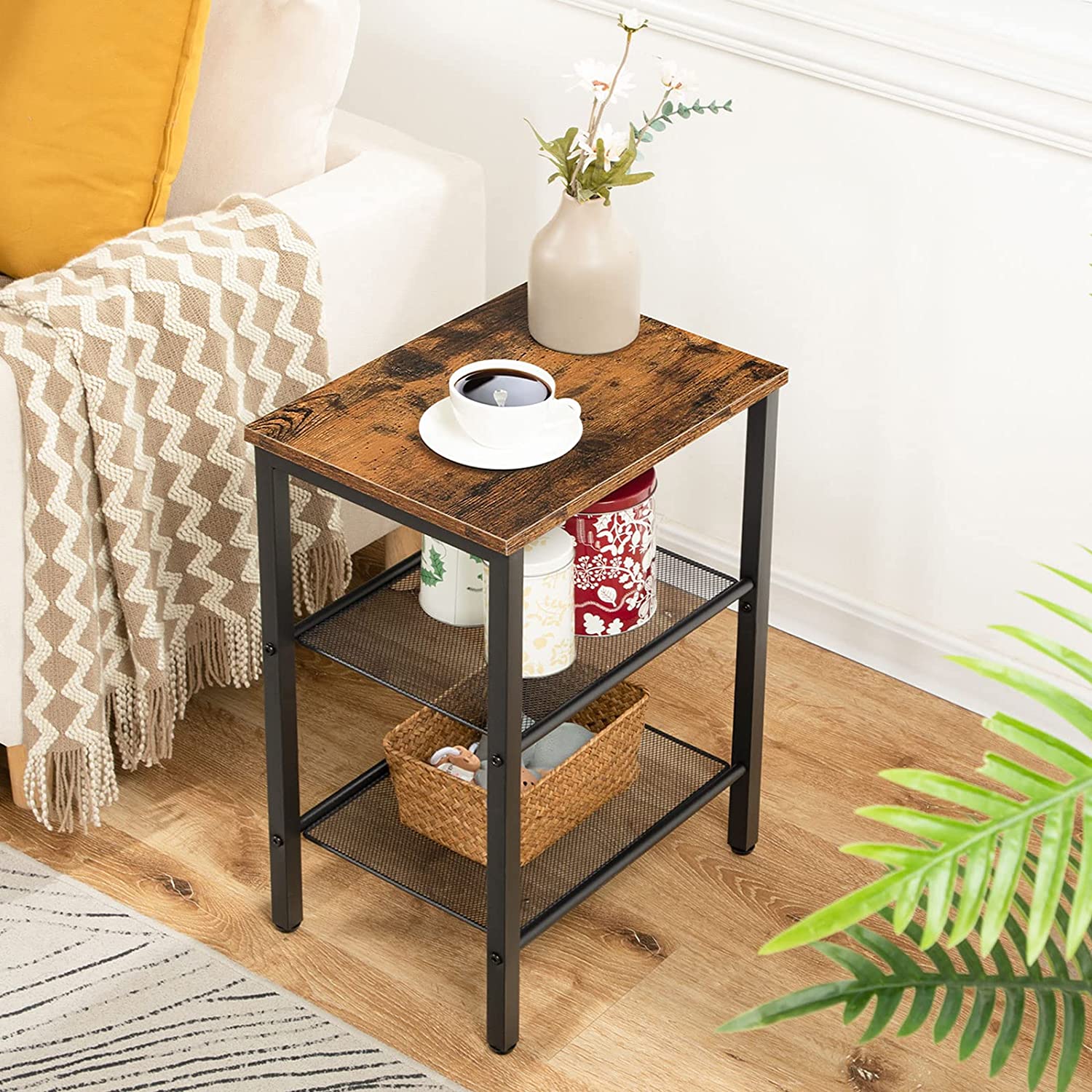 End Table, Nightstand with 2-Tier Mesh Shelves, Side Table