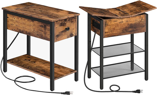 Side Table with Charging Station, End Table with Charging Station and Shelves, Flip Side Table with USB Ports & Power Outlets