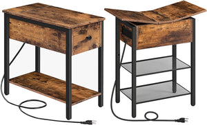 Side Table with Charging Station, End Table with Charging Station and Shelves, Flip Side Table with USB Ports & Power Outlets