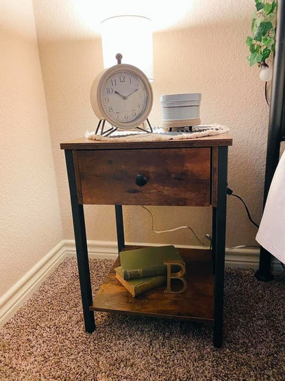 Nightstand, 2-Tier End Table, Industrial Side Table with Drawer and Storage Shelf