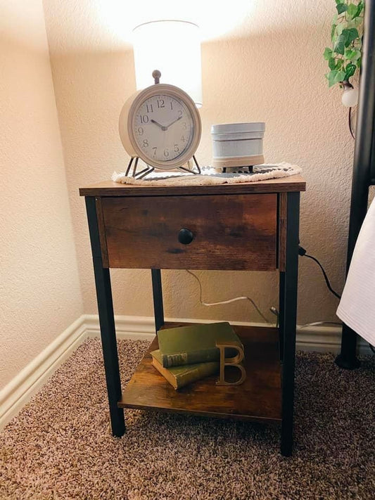 Nightstand, 2-Tier End Table, Industrial Side Table with Drawer and Storage Shelf