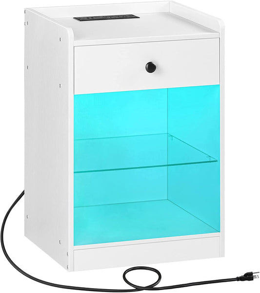 Nightstand with Charging Station and LED Lights, Side Table with Drawer and Storage Shelf, End Table with USB Ports and Outlets