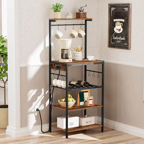 Bakers Rack with Power Outlet, 4-Tier Microwave Stand with Adjustable Wine Rack, Coffee Bar
