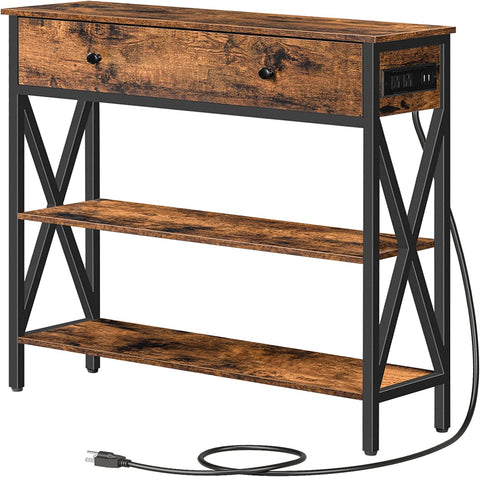 Console Table with Outlets and USB Ports, Narrow Entryway Table with Drawer