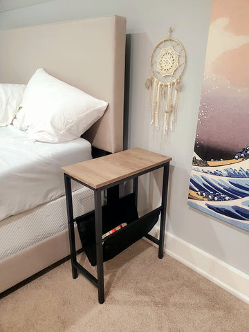 Side Table, Narrow End Table with Magazine Holder Sling, Nightstand