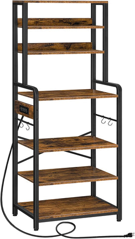 Bakers Rack with Power Outlet, Microwave Stand with 4 S-Shaped Hooks, 7-Tier Kitchen Shelves, Coffee Station