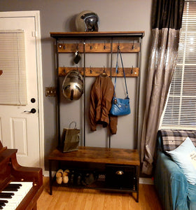 Hall Tree with Bench and Shoe Storage, Entryway Bench with Coat Rack,3 Storage Boxes, Top Storage Shelf