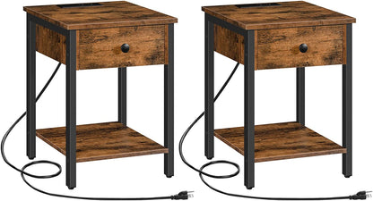 Set of 2 End Tables with Charging Station and USB Ports, Nightstand with Drawer and Storage Shelf