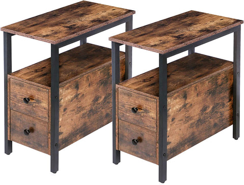 End Table, Set of 2, Side Table with 2 Drawer and Open Shelf, Narrow Nightstand