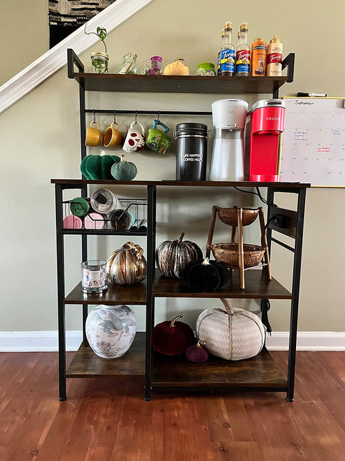 Bakers Rack with Power Outlet Microwave Stand with Mesh Basket