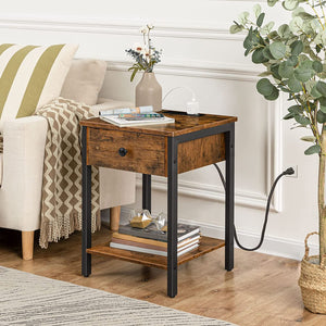 Nightstand, End Table with Charging Station and USB Ports, Side Table with Drawer and Storage Shelf
