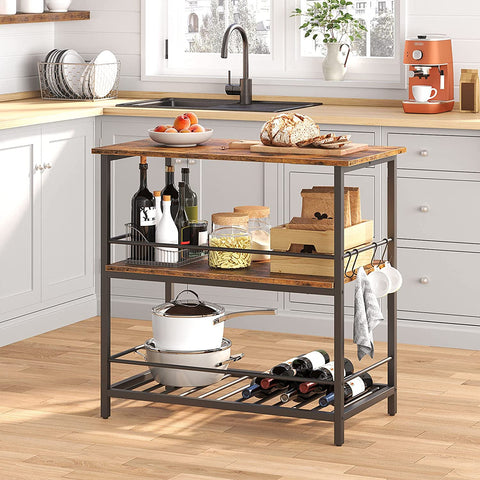 Kitchen Island with Wine Rack,Industrial Kitchen Counter with Hooks and Protective Rails, 3 Tier Kitchen Shelf