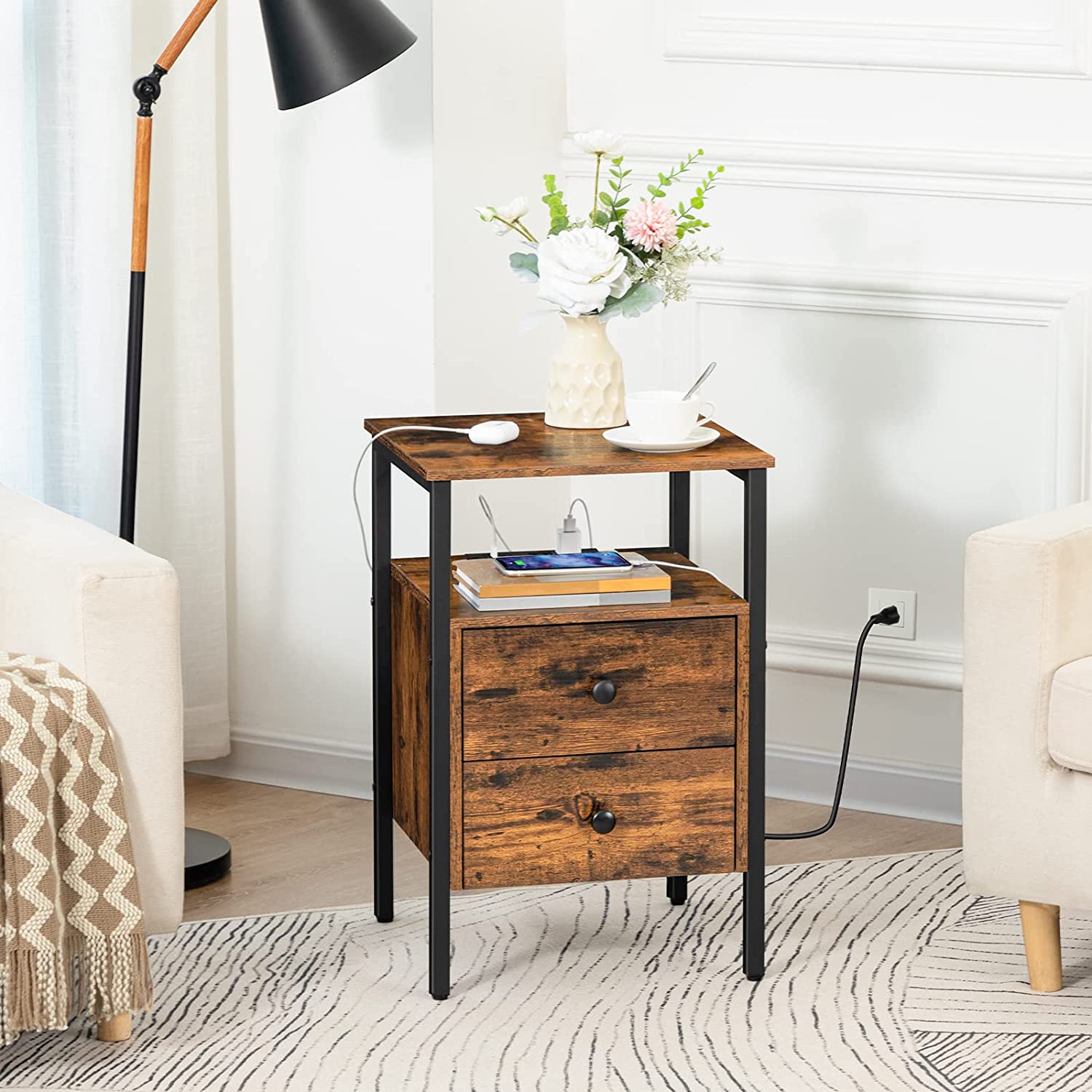 End Table with Charging Station, Side Table with 2 Drawer & USB Ports & Power Outlets, Nightstand