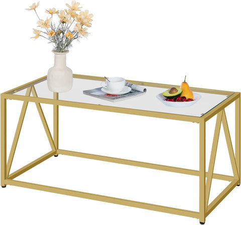 Glass Coffee Table, 1-Layer Glass Table with Golden Steel Frame, Living Room Table