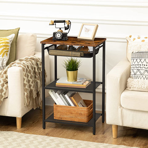 Tall Side Table, Industrial End Table with Adjustable Metal Mesh Basket, Telephone Table with Storage Shelf