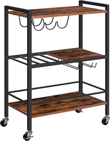 Bar Cart, 3-Tier Serving Cart on Wheels, Kitchen Cart with Wine Rack and Cup Holder