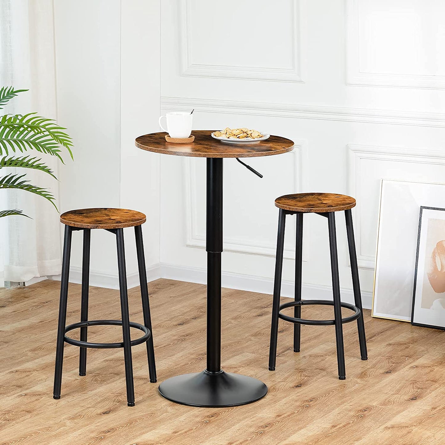 Round Bar Table, Height-Adjustable Bar Table with Set of 2 Round Bar Chairs with Footrest