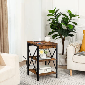 End Table with Charging Station and USB Ports, 3-Tier Side Table, Industrial Nightstand