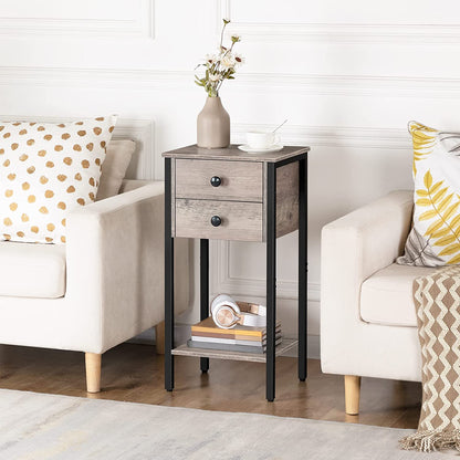 Tall Nightstand, Bedside Table with 2 Drawers and Storage Shelf, Industrial Telephone End Table