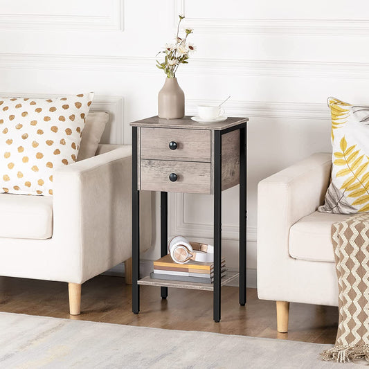 Tall Nightstand, Bedside Table with 2 Drawers and Storage Shelf, Industrial Telephone End Table