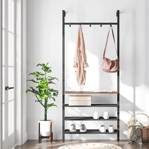 Coat Rack Shoe Rack, Industrial Hall Tree with 5 Movable Hooks, Against The Wall 4 Tier Storage Shelf Organizer