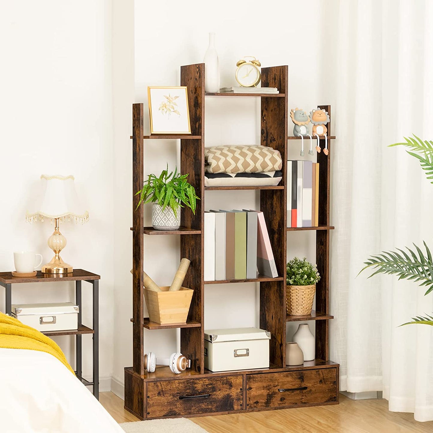 Bookshelf Bookcase with 2 Wooden Drawers, Rustic Wooden Bookshelf with Storage