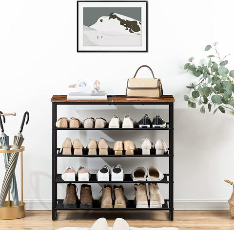 Shoe Rack, 5 Tier Shoe Storage Organizer, Shoe Shelf with 4 Fabric Shelves and Top Panel