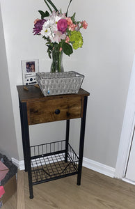 Tall Nightstand, End Table with Drawer and a mesh Steel Basket Black, Bedside Table